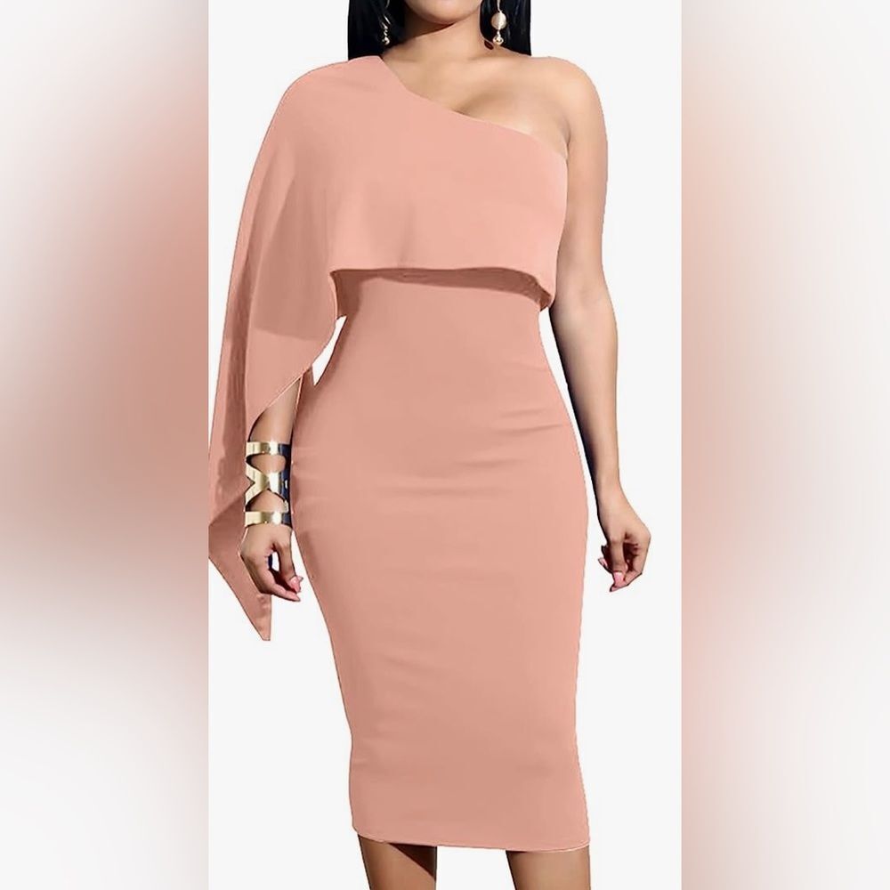 Asymmetrical sleeved pinkish nude bodycon midi dress NWOT